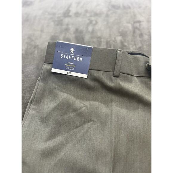 STAFFORD Khaki Travel Classic Fit Flat Front PANTS 44x30 NEW‎ $70 TAGS NWT - Picture 3 of 6